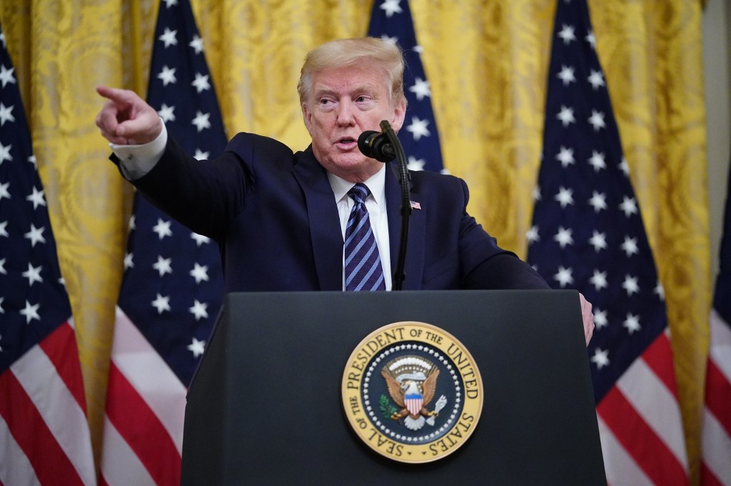 US President Donald Trump speaks on protecting America�s seniors from the COVID-19 pandemic in the East Room of the White House in Washington, DC on April 30, 2020. (Photo by MANDEL NGAN / AFP)